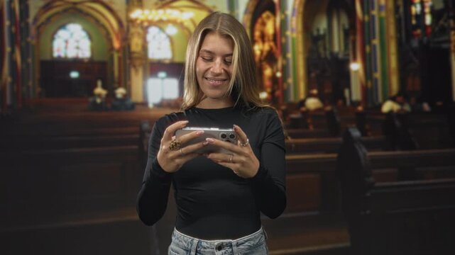 Young blonde woman holding smartphone and tucking hair in ornate church building while smiling and looking at screen; serenity.