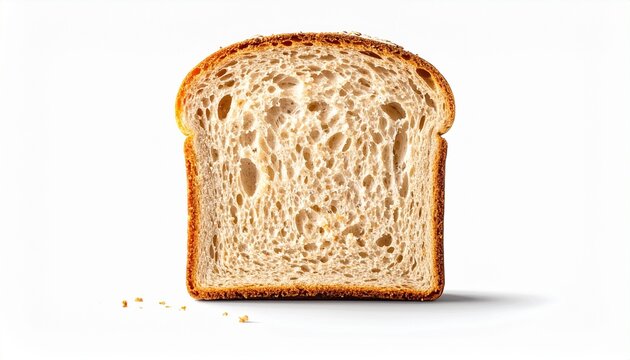 Whole wheat bread slice isolated on white background with soft shadow, ideal for healthy breakfast concepts