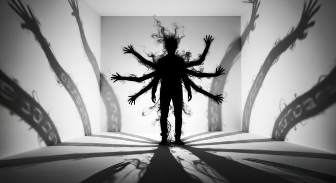 Surreal silhouette of multi armed man in white room shadows
