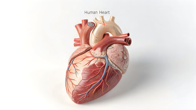 Anatomical illustration of the human heart with visible chambers and major blood vessels