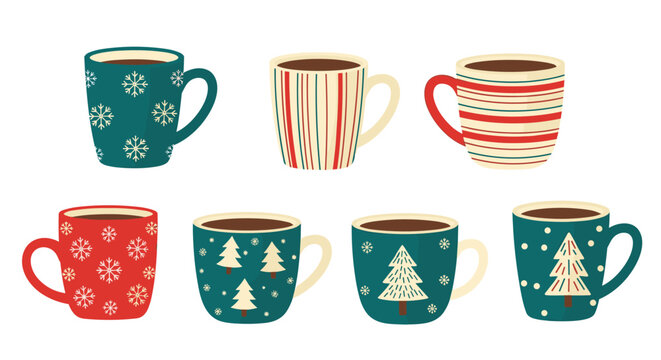 Assortment of seven cozy mugs filled with cocoa featuring various winter holiday patterns like snowflakes and trees.