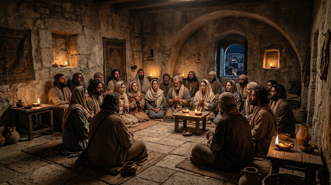 Group of disciples and woman gathering in upper room for prayer. Acts of the Apostles, biblical scene depicting early Christian community meeting. Historical religious historical reenactment 
