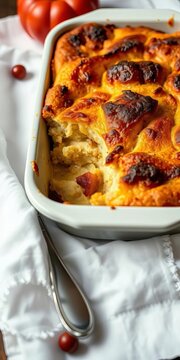 Crusty bread pudding with golden crust, served in a ceramic dish on a white tablecloth, comforting food, dessert