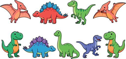 Collection of Cute Cartoon Dinosaur Characters Including Tyrannosaurus Rex Stegosaurus Brachiosaurus and Pterodactyl Vector Illustration Set © Afroja