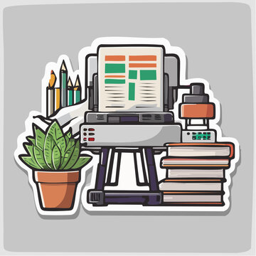 Desk Setup with Plant, Printer, and Books