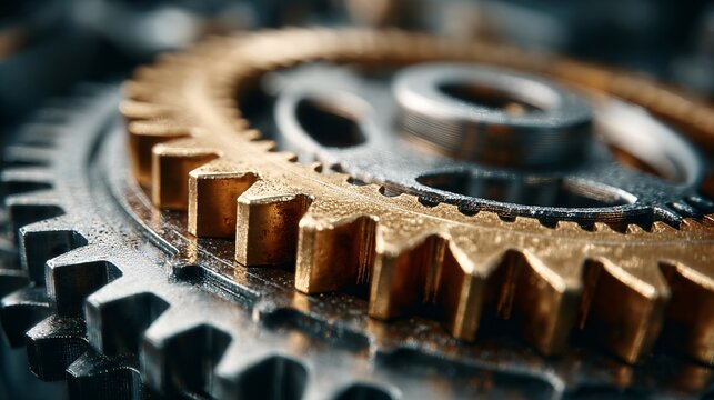 close up of brass and steel sprocket gears for mechanical engineering and industrial manufacturing