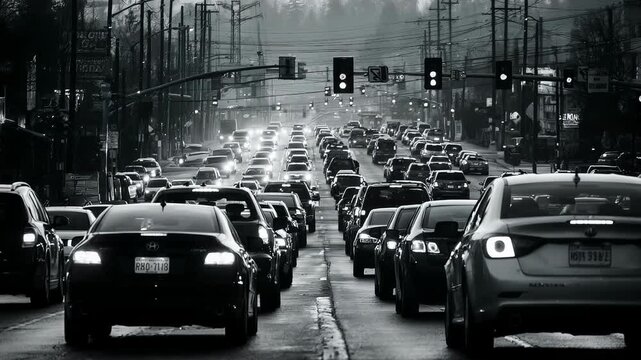 Rush hour traffic on busy city road, dense urban congestion scene
