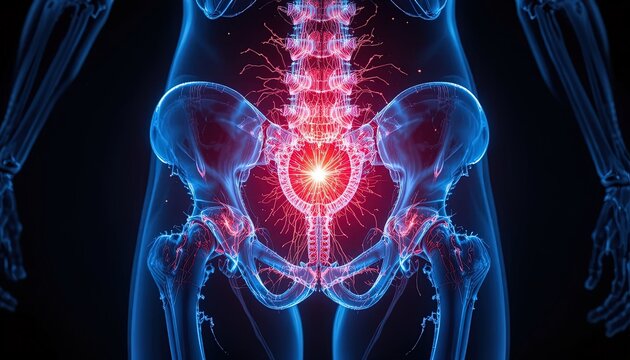 Human anatomy illustration of the pelvis, lower spine and hip joint with a bright focal point for medical or educational use, rendered with a blue transparent aesthetic