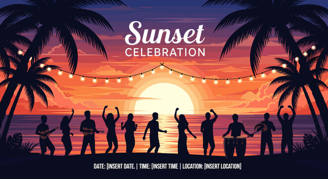 Vibrant sunset celebration with silhouetted people dancing and playing music on a tropical beach with palm trees and string lights.