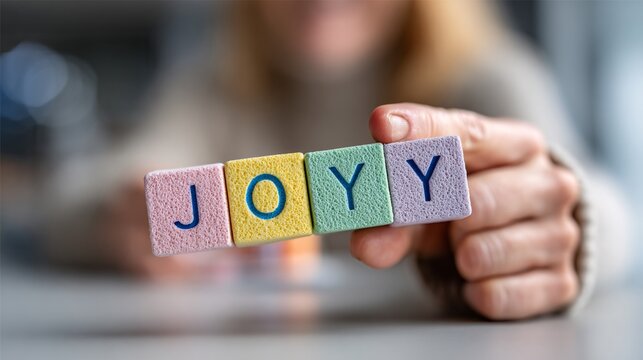 hand holding educational alphabet blocks j o y colorful letters for learning and literacy