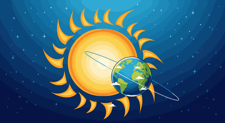 Stylized illustration of Earth orbiting the Sun in a starry deep blue space background, depicting the solar system. © umah