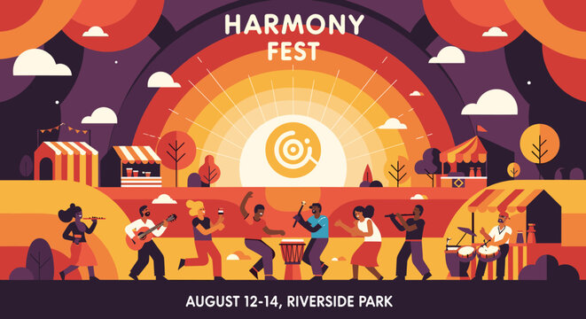 Vibrant illustration of Harmony Fest, a music and cultural festival with diverse people playing instruments and dancing under a stylized sun at Riverside Park.