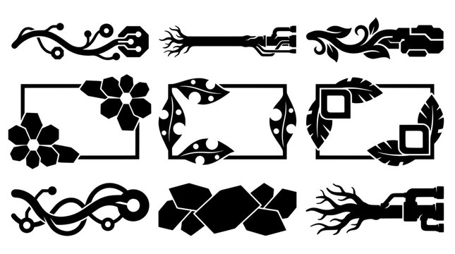 Set of circuit vine dividers cyber root banners and nature tech frames. Black UI plant silhouette for futuristic sci-fi and cyberpunk graphic design