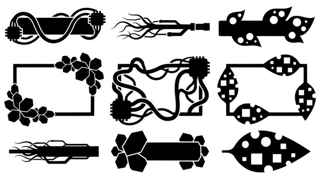 Collection of scifi UI text boxes microchip wire frames digital leaf banners cyber plants and tangled cables black silhouettes for cyberpunk design