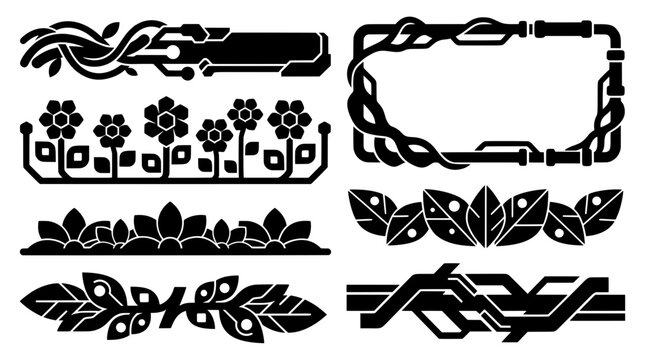 Cyber plant dividers tech flower frames and biomechanical vines. Black silhouette of futuristic nature and sci-fi UI panels for cyberpunk graphic
