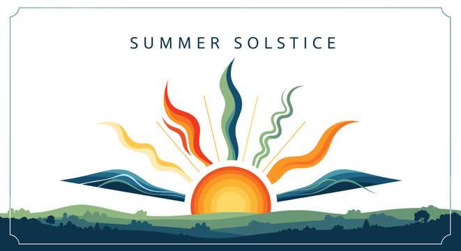 Stylized illustration of a vibrant summer solstice sunrise over a rolling green landscape with colorful abstract sun rays.