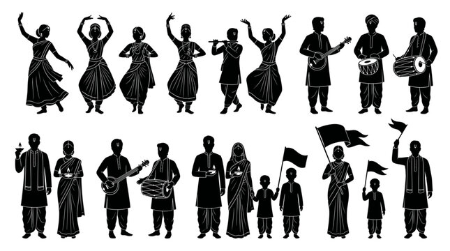 Indian festival celebration silhouette set with traditional dance musicians and devotees holding flags wearing tilak vector illustration for cultural holiday design.