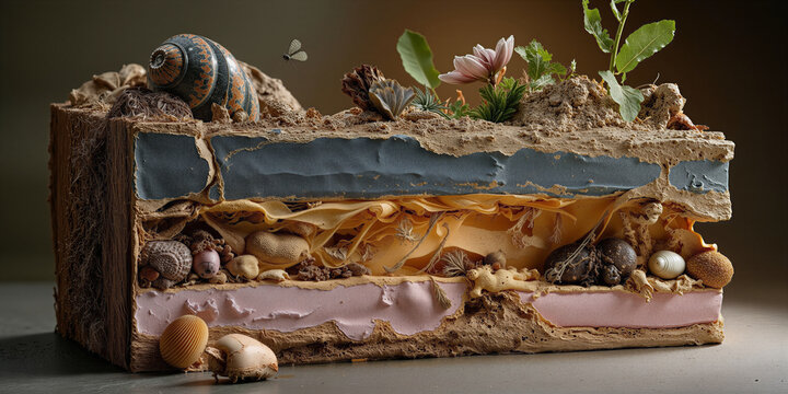 Coastal environment with decorative shells and flowers arranged in overlapping natural formations