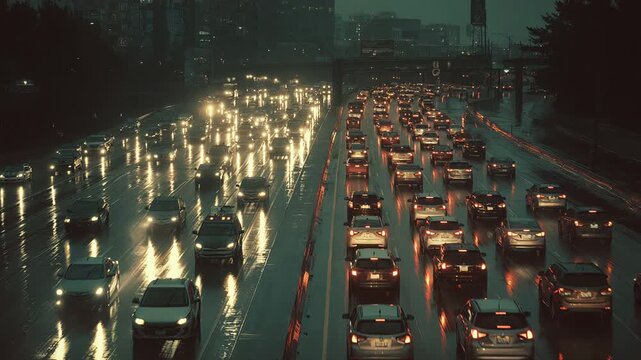 Rush hour traffic jam with taxis and cars merging on varick street toward holland tunnel, manhattan, new york city
