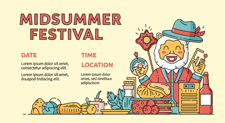 Naklejka premium A vibrant illustration of a Midsummer Festival banner featuring a cheerful bearded man, various food items, and event details, designed in a flat line-art style.