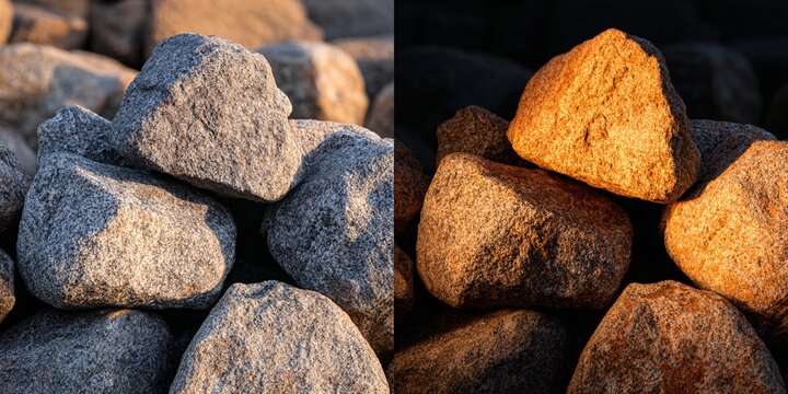 warm and cool river stones texture split color macro background for natural landscape design