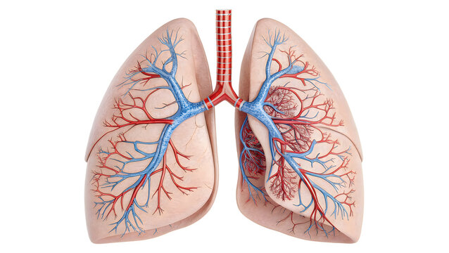Anatomical illustration of the human lungs with bronchial and vascular systems