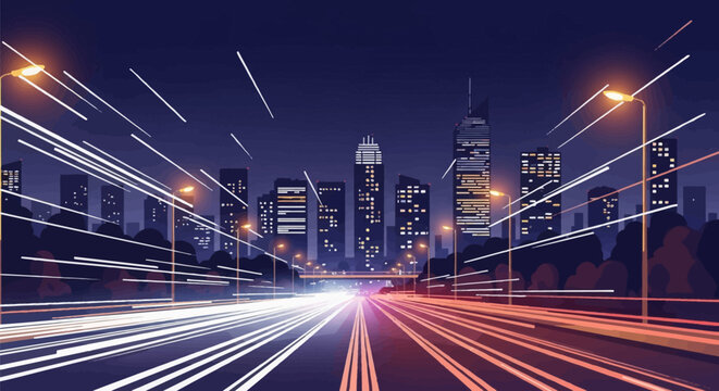 Flat vector illustration of an urban night cityscape with illuminated skyscrapers and long exposure motion blur light trails on a highway, featuring street lamps and dark sky.