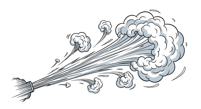 Powerful cartoon blast of steam or smoke clouds coming from a pipe nozzle in a dynamic motion sketch style on a clean white background.