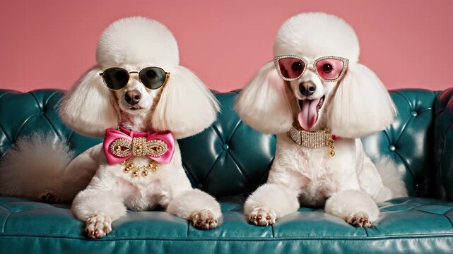 Two dressedup poodles on couch for outdoor lifestyle brands and nature documentaries