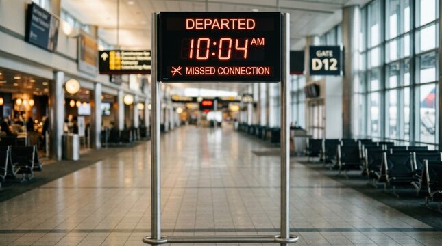 Clock displays 1004 AM and indicates a missed connection in an airport terminal with empty seats in the background.
