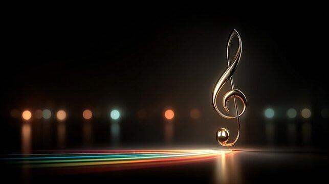 golden music note light trail on dark bokeh background for audio rhythm and sound concept