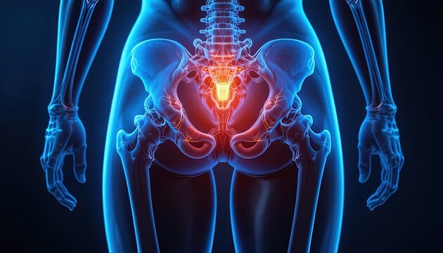 Human Anatomy Illustration: Focus on Pelvis, Spine, and Sciatic Nerve Pain with Transparent Body View on Dark Background