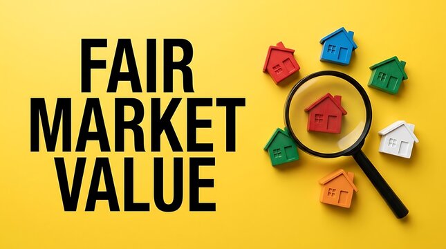 Analyzing a magnifying glass over colorful miniature houses, emphasizing the concept of finding fair market value in real estate.
