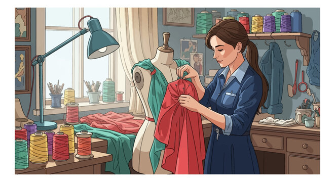 A young woman dressmaker pinning red cloth onto a torso mannequin in a craft workshop filled with colorful spools of thread, sewing tools, and a desk lamp, vector illustration.