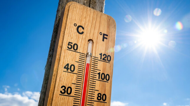 Extreme summer heat wave thermometer sun hot temperature sky weather Outdoor wooden thermometer. Heat wave extreme summer, sun high temperature hot weather, global warming, heat stroke