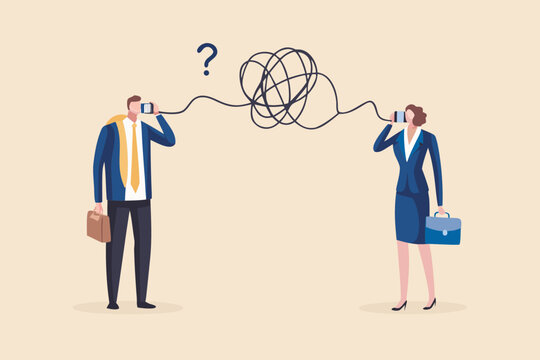 People communicating with tangled string telephone vector illustration
