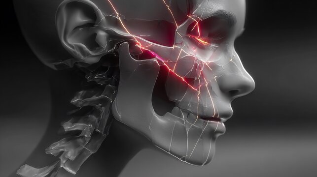Jawbone pain manifests as glowing red lines within a stylized human skull profile.