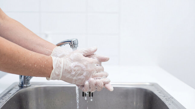 Closeup of gloved hands being washed with soap under running water in sink showing hygiene protocol sanitation infection prevention medical safety concept for healthcare training use