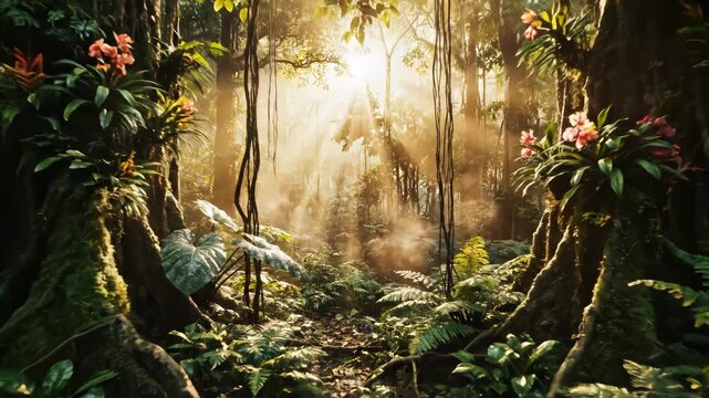 Sunlight filtering through dense jungle foliage perfect for scenic backgrounds and natural storytelling