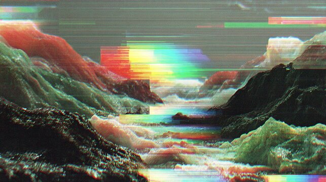 surreal glitch desert canyon landscape with vivid color storm sky