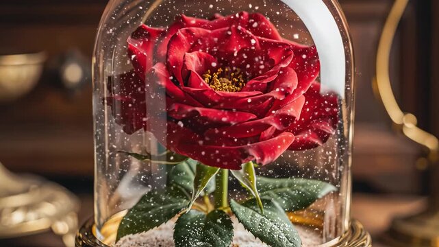 Red rose in glass dome with snow symbolizing tranquility, harmony, and natural balance
