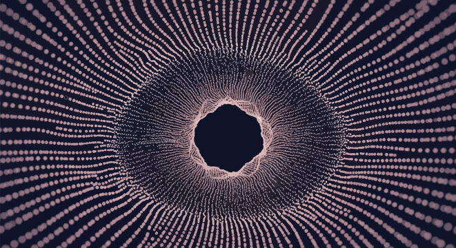 Abstract pink particle tunnel featuring concentric wavy rings and radiating dots on a dark background. 3D perspective view of a digital vortex or wormhole with glowing points.