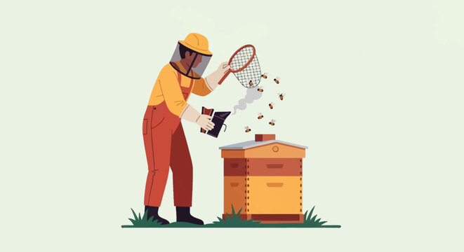 Vector illustration of a beekeeper in protective clothing and a veil using a bee smoker and a net near a tiered wooden hive to manage a swarm of honeybees on a flat background.