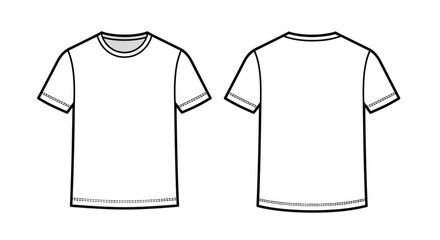 Naklejka premium Blank white t-shirt template showing both front and back views is presented in a clean line drawing for apparel design mockups.