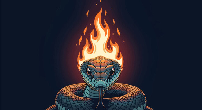 Stylized vector illustration of a viper head with a bright orange fire flame on its crown, featuring detailed scales, forked tongue, and coiled body on a dark background.