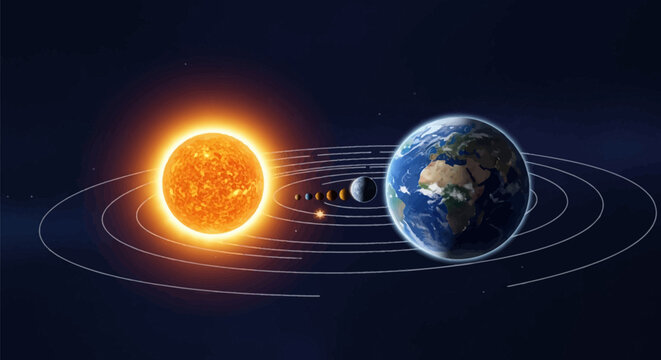 Solar system illustration featuring a glowing sun and detailed planet Earth with orbital paths shown as white concentric rings against a dark starry deep space background.