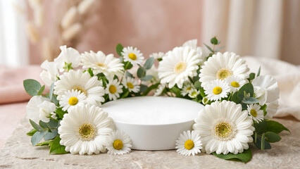 Obraz premium Serene white flower display with delicate daisies and eucalyptus adorning a clean product pedestal, ideal for showcasing