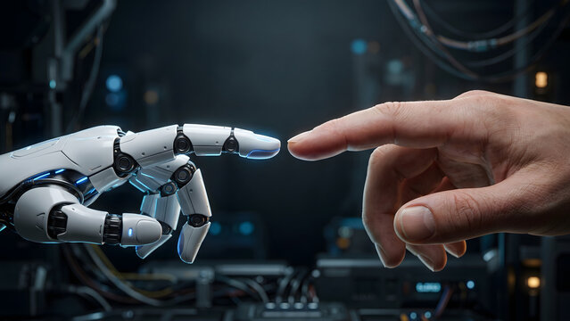 Human and Robot Finger Touching Symbolizing Future Technology and AI