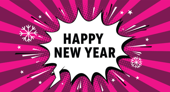 Happy new year greeting is displayed inside a dynamic comic book speech bubble on a bright pink background with snowflake details.