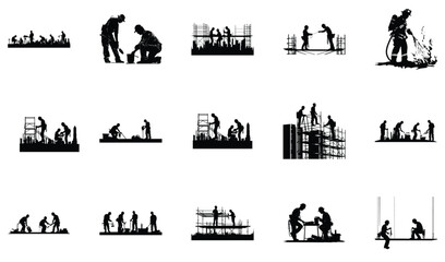 Obraz premium Silhouettes of people working and gardening construction farming with manual labor black and white silhouette gardening construction industry planting activity teamwork